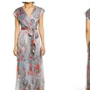 Metallic Floral Drape Shoulder Gown